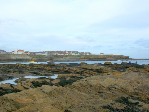 Photograph: Boats in the bay. People fishing. Pretty houses facing the coast. Cullercoats on a windy day