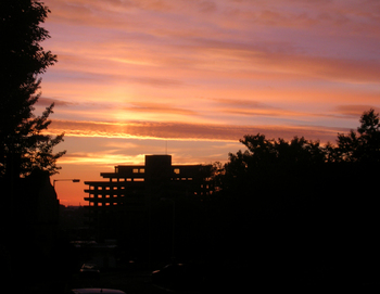 A photograph of the Sun rising behind the car park